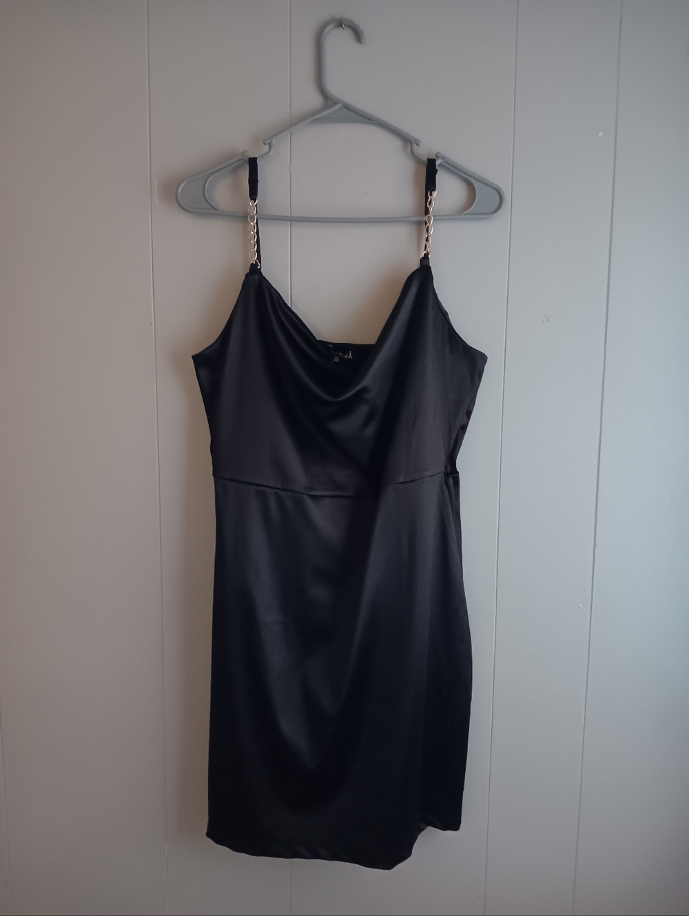 Planet Gold Black Satin Cowl Neck Slip Dress with Chain Straps Size XL